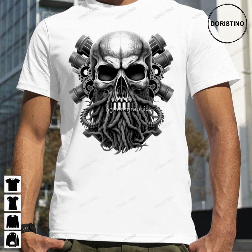 Black White Skull Beard Dark Mechanic Piston Car Motorcycle Trending Style